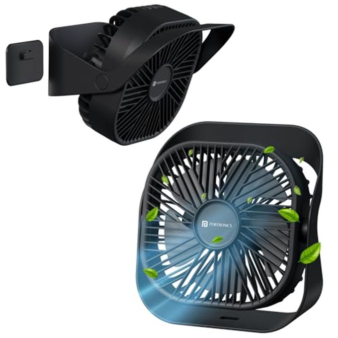 Portronics CoolCube Mini, 2-in-1 Desktop & Wall Fan, 2000mAh Battery, Type-C Charging, 360 Rotate with Pasteable Hook, 3 Speed Modes, BLDC Motor,Quiet Operation,3 Hour Playtime,Compact&Portable,Black - Image 1