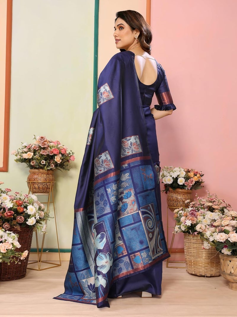 Sidhidata ساري سيدي داتا النسائي من كانجي فارام بناراسي من الحرير الناعم مع قطعة بلوز غير مخيطة - تصميم زهور أزرق داكن - Image 2