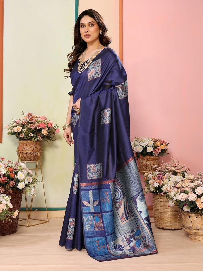 Sidhidata ساري سيدي داتا النسائي من كانجي فارام بناراسي من الحرير الناعم مع قطعة بلوز غير مخيطة - تصميم زهور أزرق داكن - Image 3