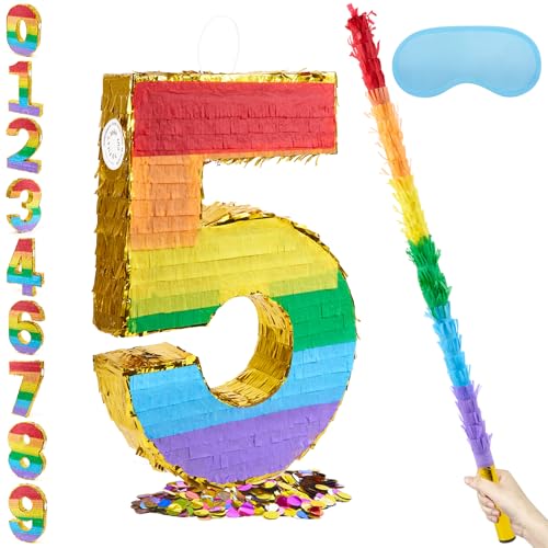PCFING 20 Inch Number 5 Piata Rainbow with 30 Inch Piata Stick Blindfold Confetti for Boys Girls Adults Birthday Party Decorations Anniversary Celebration Fiesta - Image 1