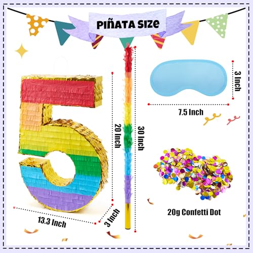 PCFING 20 Inch Number 5 Piata Rainbow with 30 Inch Piata Stick Blindfold Confetti for Boys Girls Adults Birthday Party Decorations Anniversary Celebration Fiesta - Image 5