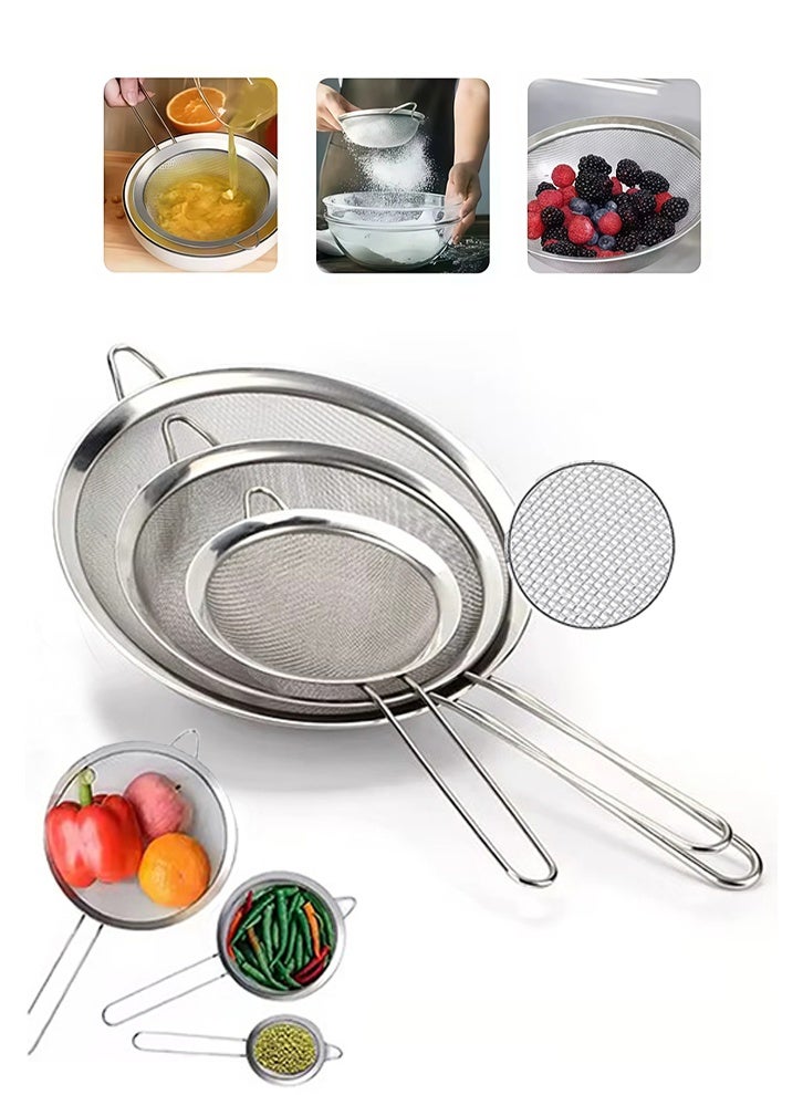 SAKOON Premium Stainless Steel Fine Mesh Strainer Set of 3 | Kitchen Sieves (16cm, 14cm & 12cm) | Super Fine Wire Mesh Colander | Flour Sifter, Tea Strainer, Juice & Rice Strainer for Cooking & Baking - Image 1