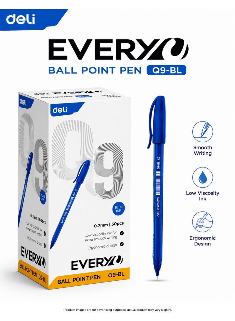 Deli Pens Blue Ballpoint Pens 0.7mm Smooth Writing Office Pens Pack of 50 – Deli Everyo Q9-BL Low Viscosity Ergonomic Ball Point Pen - Image 1