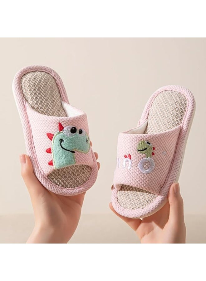 GUDOO Kids Linen Slippers with Cartoon Dinosaurs, Soft Open Toe Indoor Slides for Toddler Girls & Boys, Comfortable Home Slippers Size 28-29 pink - Image 2