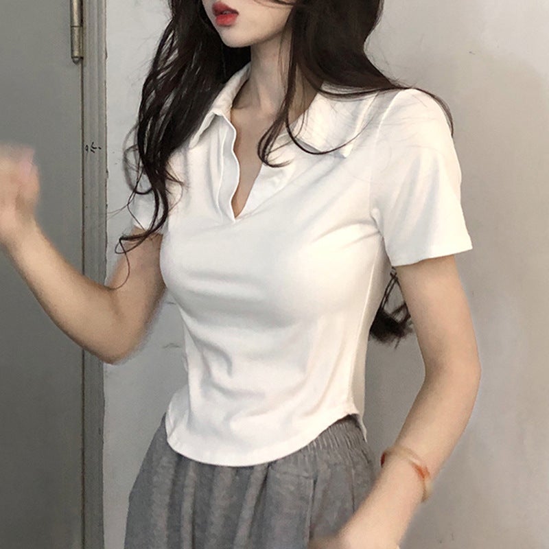 [Shake Quality] Polo Collar Shoulder Short Sleeve T-Shirt Womens Summer Slim Fit Short Fishbone Back Bag Collar Small Top YXQ#889# White (260g)