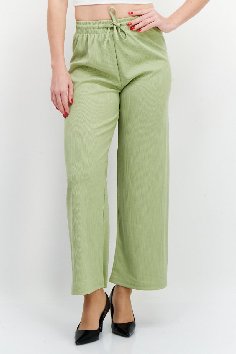 bebe Women Regular Fit Textured Wide Leg Pants, Green  - Image 1
