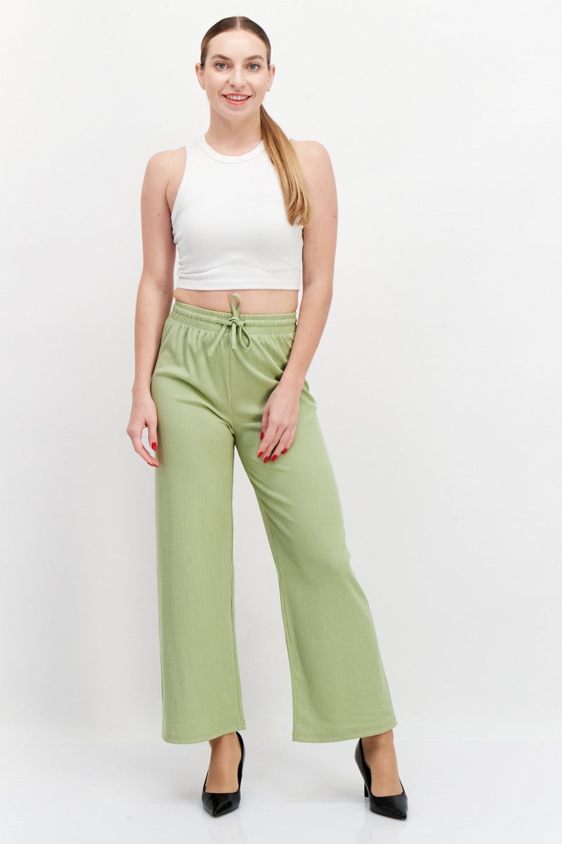 bebe Women Regular Fit Textured Wide Leg Pants, Green  - Image 3