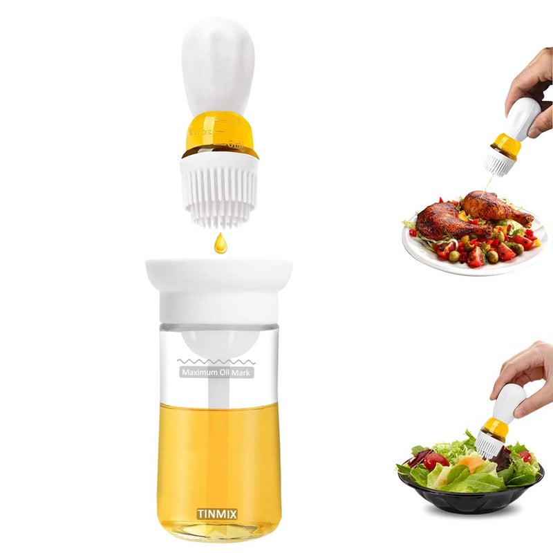 TINMIX Oil Dispenser with Brush 2 IN 1 Glass Olive Oil Dispenser for Cooking Upgrade TOB21S Oil Dispensing Bottle with Silicone Basting Brush for Vinegar Sauce BBQ Grill Frying Kitchen White