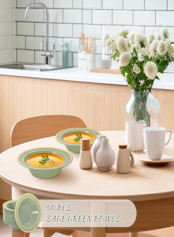 Whaline وعاء بلاستيكي أخضر مريمي من واهلين 50 قطعة بحافة ذهبية 12 أونصة وعاء حساء قابل للتصرف وعاء تقديم للحلويات لمستلزمات حفلات الزفاف وأعياد الميلاد وحفلات العروس والديكور الطاولات - Image 3