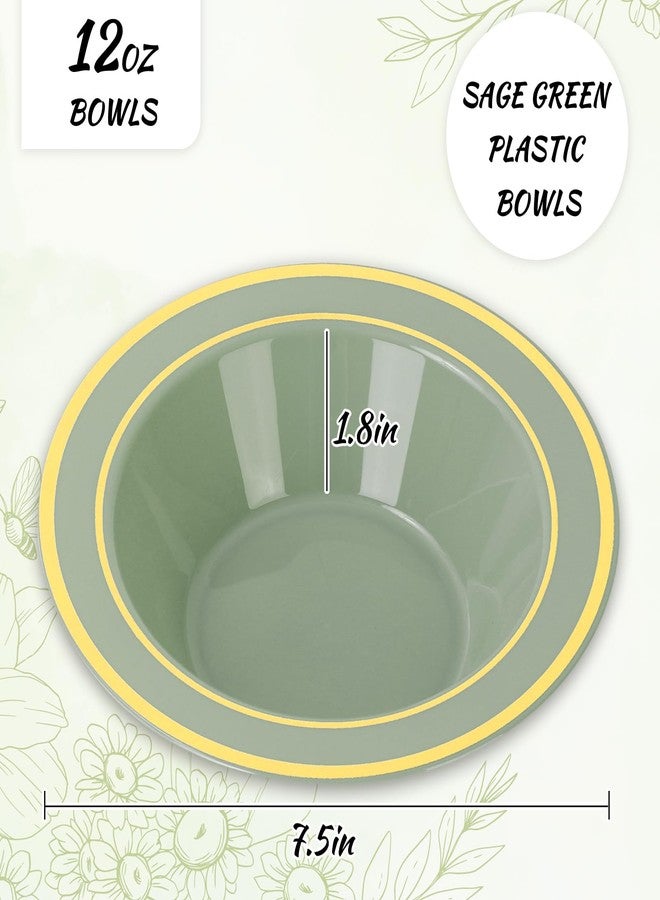 Whaline وعاء بلاستيكي أخضر مريمي من واهلين 50 قطعة بحافة ذهبية 12 أونصة وعاء حساء قابل للتصرف وعاء تقديم للحلويات لمستلزمات حفلات الزفاف وأعياد الميلاد وحفلات العروس والديكور الطاولات - Image 2