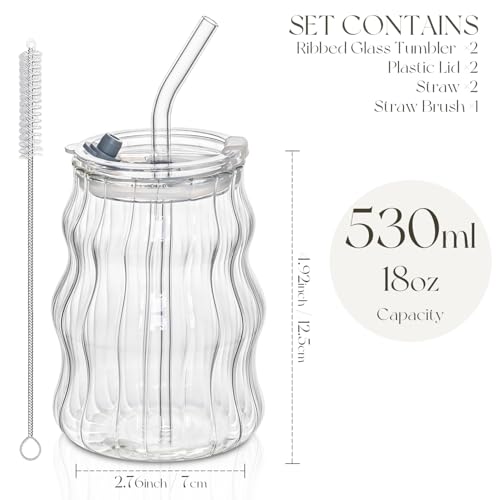 KEMORELA Ribbed Glass Cups with Lids and Straws – Unique Glasses for Iced Coffee, 18oz Vintage Design, Ideal Wavy Coffee Cups with Straws, Bubble Glass Aesthetic, Clear Ribbed Glasses - Image 4