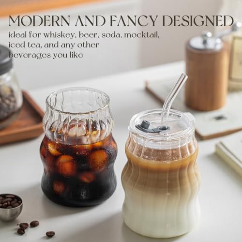 KEMORELA Ribbed Glass Cups with Lids and Straws – Unique Glasses for Iced Coffee, 18oz Vintage Design, Ideal Wavy Coffee Cups with Straws, Bubble Glass Aesthetic, Clear Ribbed Glasses - Image 5