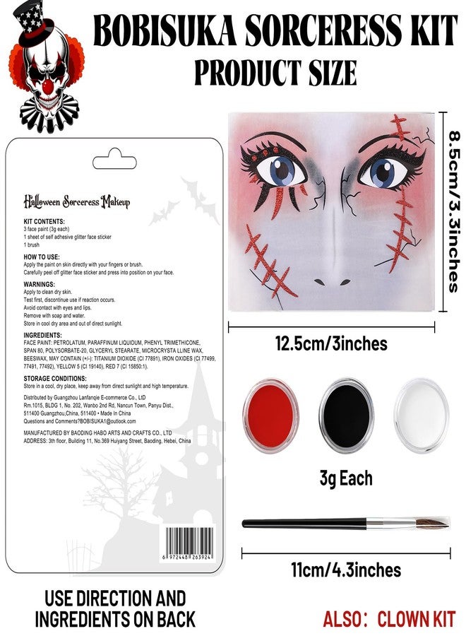 BOBISUKA White Black Red Face Paint Clown Sorceress Halloween Makeup Kit Character Set for Kids Adults, Safe Non-Toxic Face Paint Kit for Costume Parties, SFX Makeup, Dress Up & Cosplay - Image 3