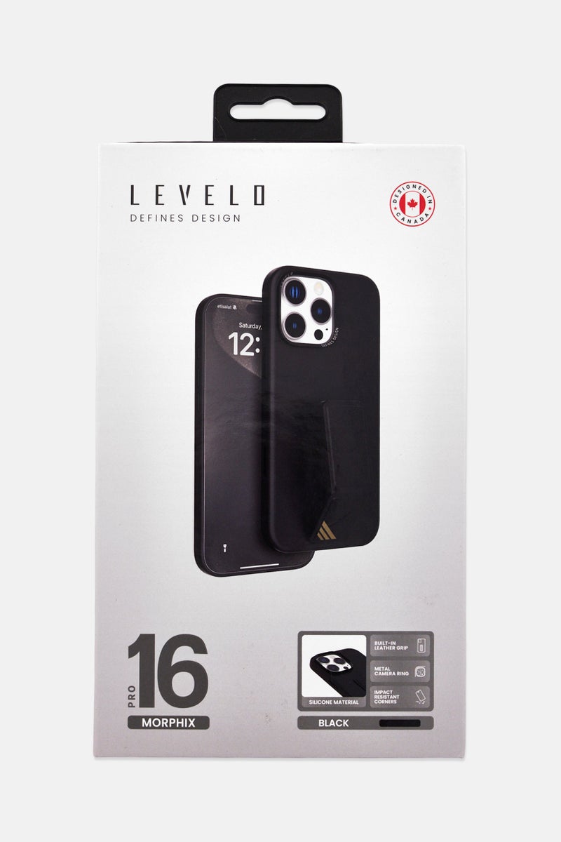 LEVELO iPhone 16 Pro Morphix Silicone Case With Leather Grip Stand, Black - Image 3