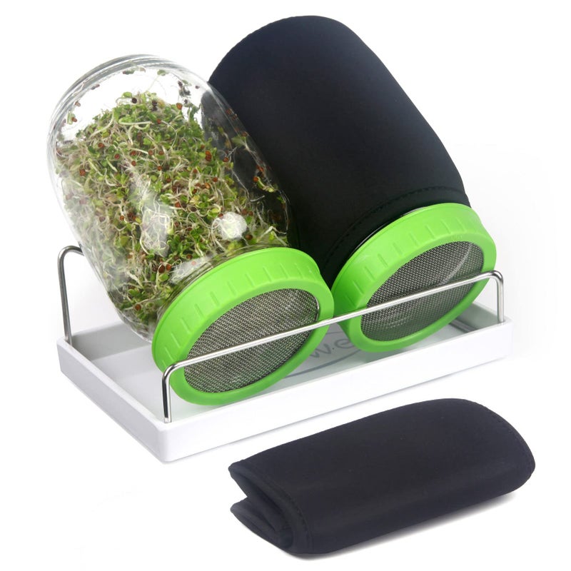 Seed Sprouting Jar Kit with Wide Mouth Mason Jars Premium Stainless Steel Screen Sprout Lids Blackout Sleeves Tray and Sprouter Stand Growing Broccoli Alfalfa Mung Beans and More