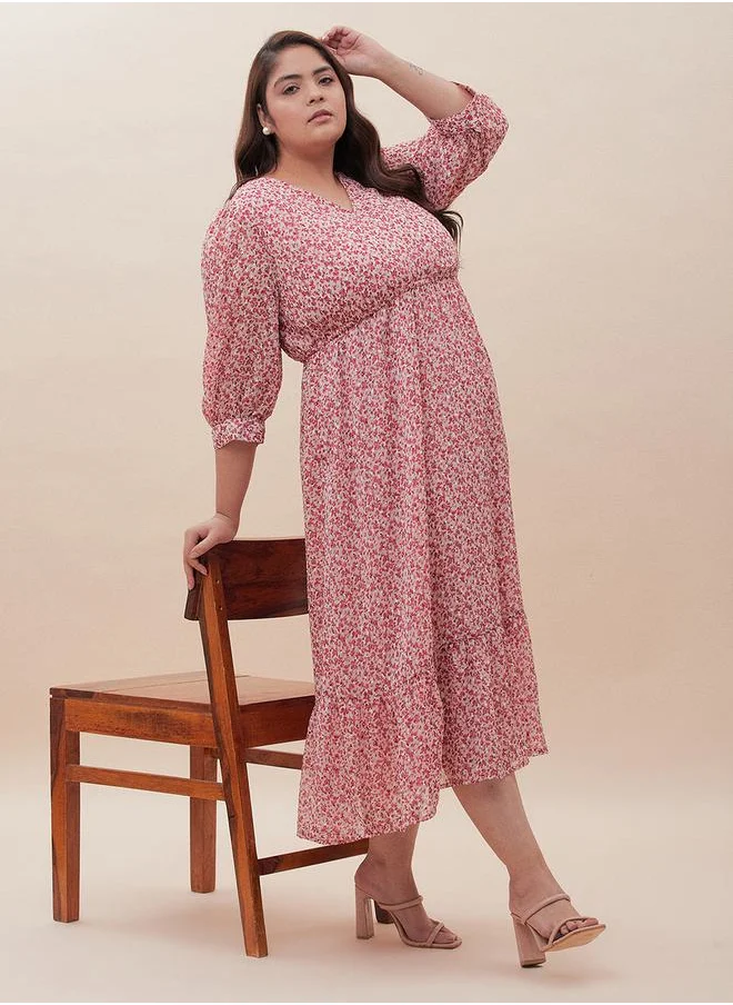 FEMELLA Dobby Ditsy Print Tiered Midi Dress by Styli