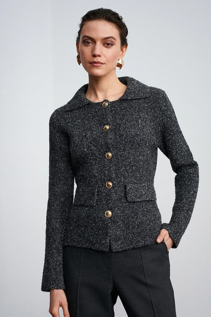 DILVIN Women's Textured Polo Collar Cardigan