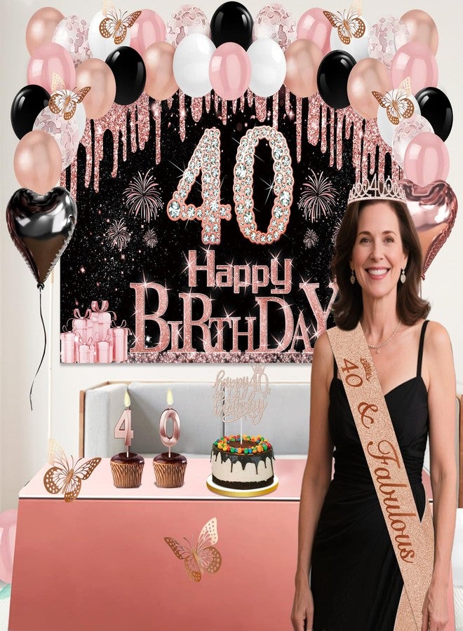 Juesly 40th Birthday Decorations Women, 49pcs Black Rose Gold Black Happy 40th Birthday Banner, Tablecloth, Butterfly Decor, Sash and Tiara, Cake Topper, Candles, Balloons Arch - Image 2