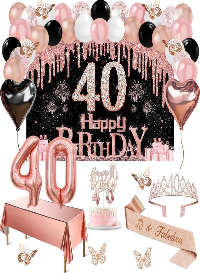 Juesly 40th Birthday Decorations Women, 49pcs Black Rose Gold Black Happy 40th Birthday Banner, Tablecloth, Butterfly Decor, Sash and Tiara, Cake Topper, Candles, Balloons Arch - Image 1