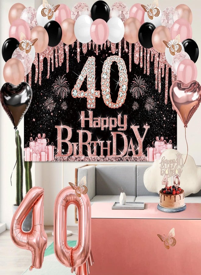 Juesly 40th Birthday Decorations Women, 49pcs Black Rose Gold Black Happy 40th Birthday Banner, Tablecloth, Butterfly Decor, Sash and Tiara, Cake Topper, Candles, Balloons Arch - Image 5