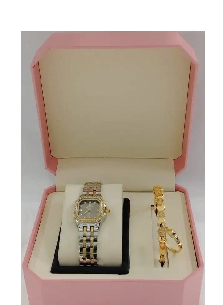 Women's watch with a bracelet and a ring made of zircon