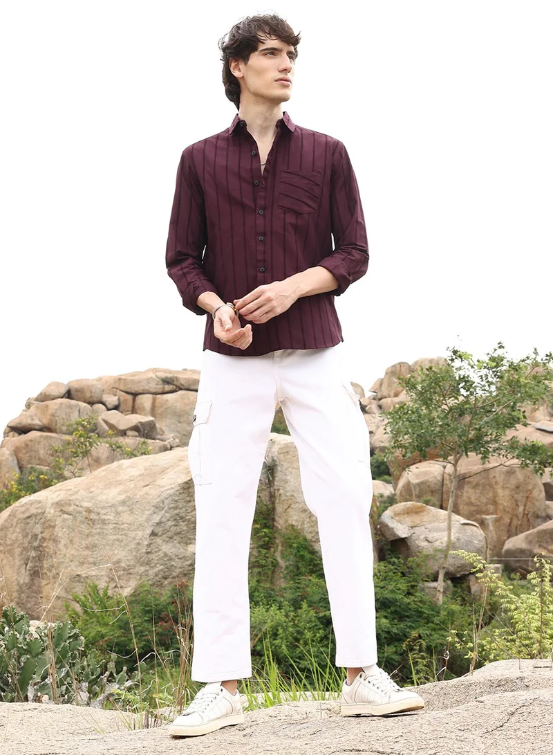 كامبوس سوترا Men's Wine Red Pastel Striped Shirt