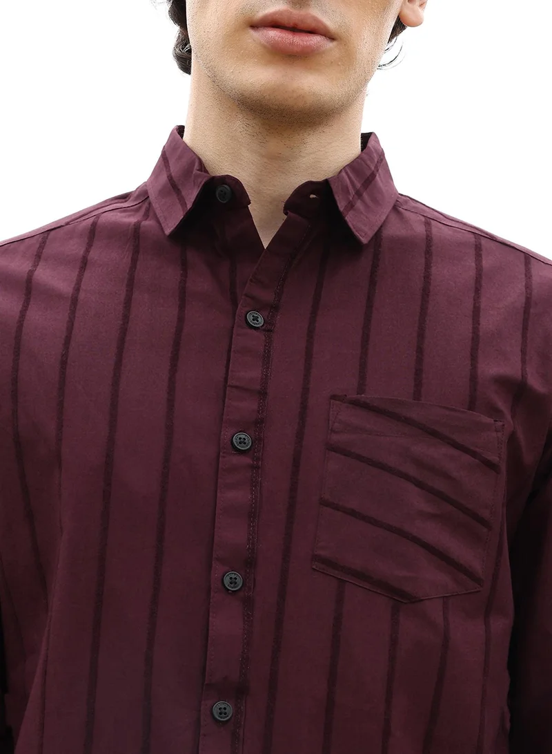 كامبوس سوترا Men's Wine Red Pastel Striped Shirt
