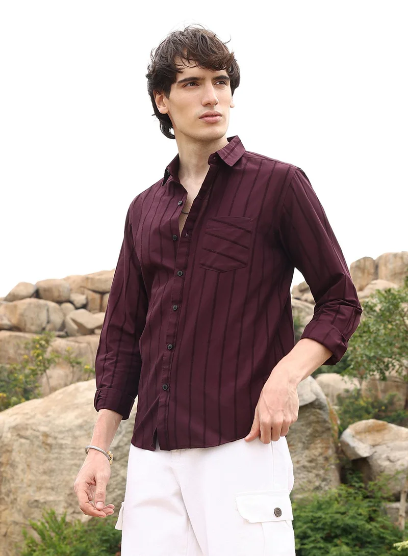 كامبوس سوترا Men's Wine Red Pastel Striped Shirt