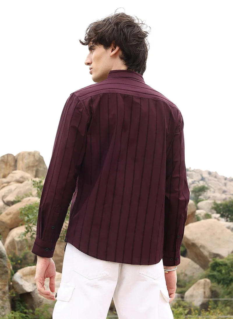 كامبوس سوترا Men's Wine Red Pastel Striped Shirt