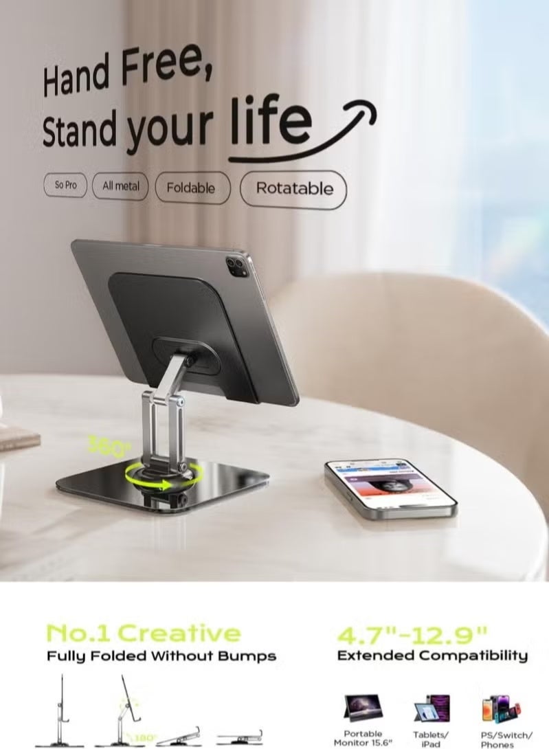 DPTER iPad Stand, 360°Rotatable Metal Phone and Tablet Holder, Desktop Adjustable Folding Tablet Holder for Desktop Stand/PS/Switch iPhone 12.9" - 4.7" - Image 3