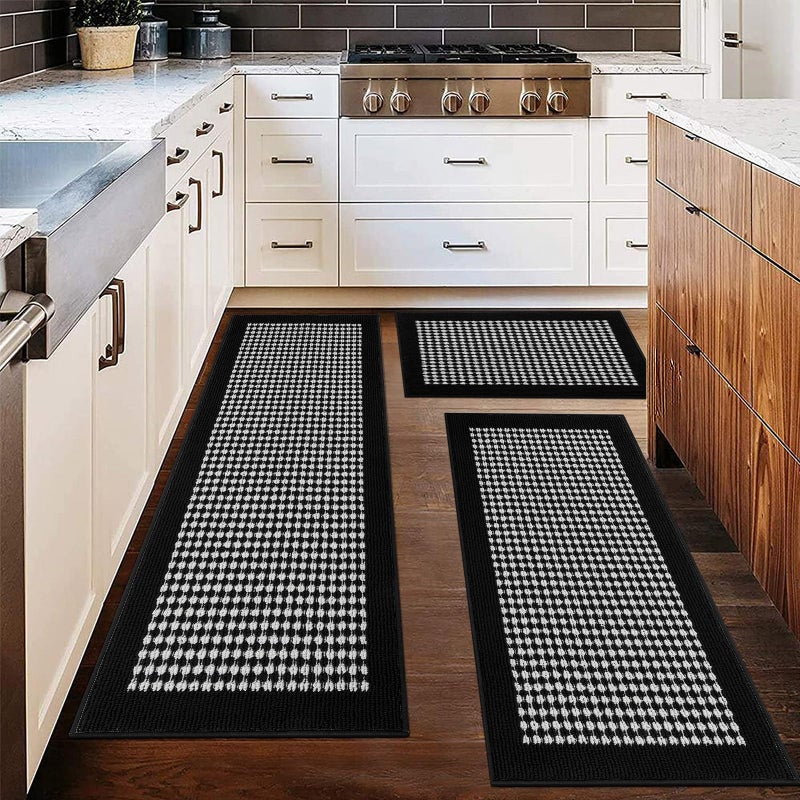Ileading Kitchen Mat Sets 3 Piece Minimalist 3D Lattice Kitchen Floor Rugs with Non Slip Rubber Backing Machine Washable Farmhouse Runner Rugs for Halloween Laundry Hallway Doormat(Black&White) - Image 1