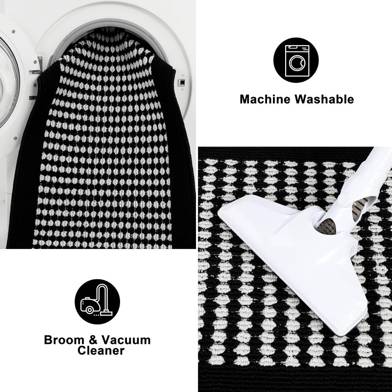 Ileading Kitchen Mat Sets 3 Piece Minimalist 3D Lattice Kitchen Floor Rugs with Non Slip Rubber Backing Machine Washable Farmhouse Runner Rugs for Halloween Laundry Hallway Doormat(Black&White) - Image 5