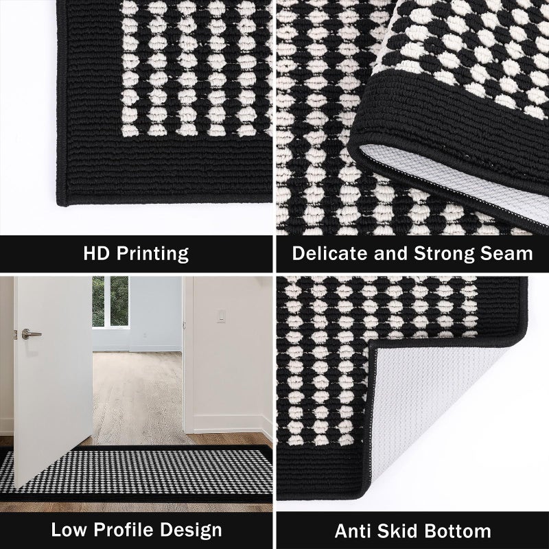 Ileading Kitchen Mat Sets 3 Piece Minimalist 3D Lattice Kitchen Floor Rugs with Non Slip Rubber Backing Machine Washable Farmhouse Runner Rugs for Halloween Laundry Hallway Doormat(Black&White) - Image 4