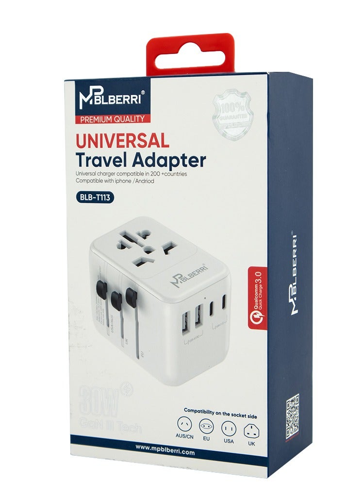 mpBLBERRI محول سفر عالمي بحد أقصى 2500 واط مع 2 منفذ USB-A و 2 منفذ USB-C MpBlberri BLB-T113 (AUS/CN، EU، USA، UK) متوافق - أبيض - Image 5