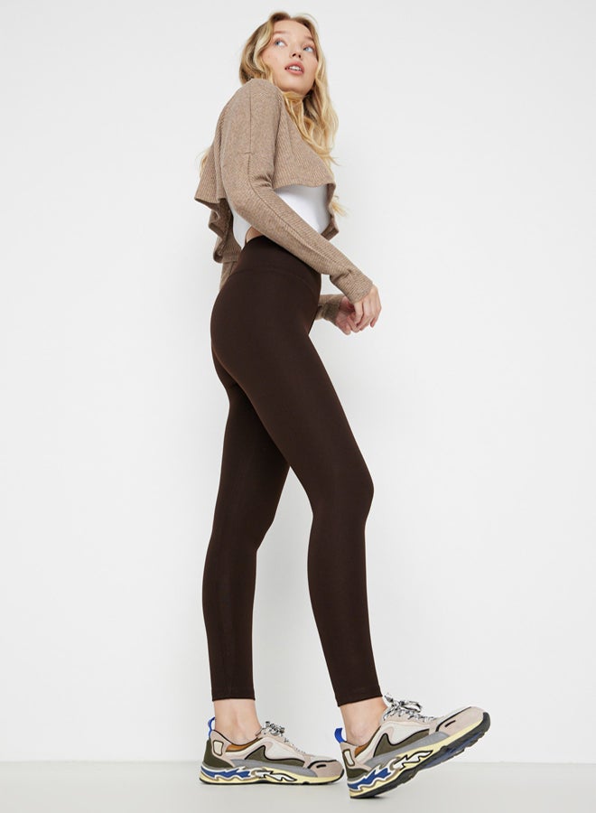 trendyol Brown High Waist Basic Elastic Waist Flexible Interlock Knitted Tights - Image 1