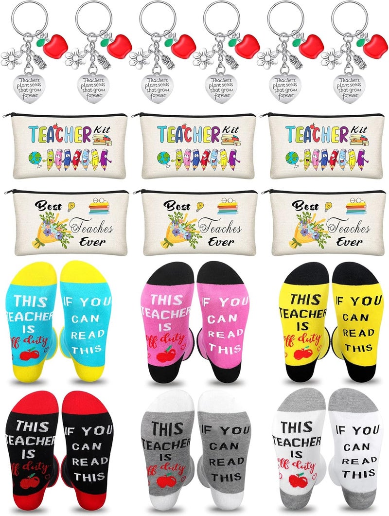 Sureio 18 Pcs Teachers Thank You Gift Teacher Socks Graduation Appreciation Return to School Gift Set Cosmetic Bag Schoolbag Key Chain 