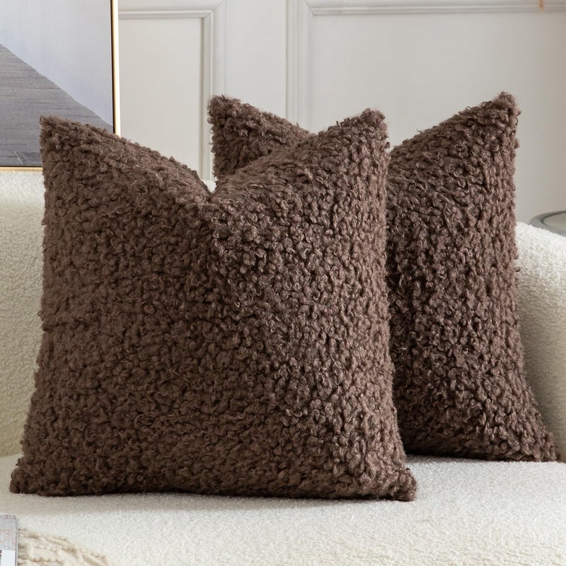 Yaertun Pack of 2 Faux Fur Throw Pillow Covers Decorative Sherpa Boucle Pillow Covers Fuzzy Soft Pillowcases Sheepskin Fleece Cushion Case for Couch Sofa Bed Living Room 16x16 Inch Chocolate - Image 2