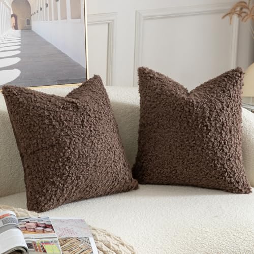 Yaertun Pack of 2 Faux Fur Throw Pillow Covers Decorative Sherpa Boucle Pillow Covers Fuzzy Soft Pillowcases Sheepskin Fleece Cushion Case for Couch Sofa Bed Living Room 16x16 Inch Chocolate - Image 3