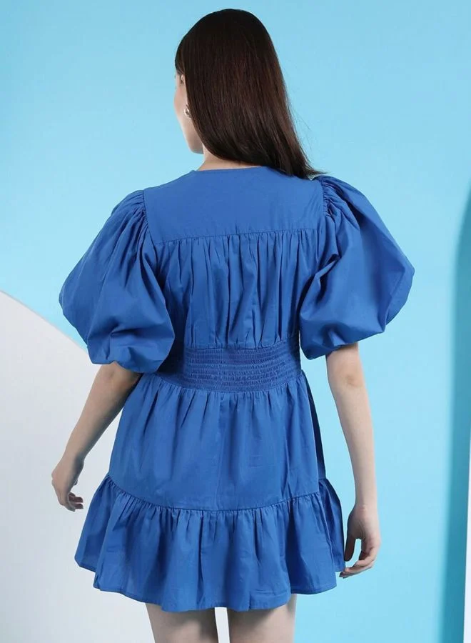Freehand  Women Fit and Flared Solid V-Neck Short Sleeve A-line Dress for Women | Best Price UAE
