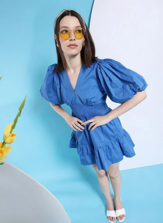 Freehand  Women Fit and Flared Solid V-Neck Short Sleeve A-line Dress for Women | Best Price UAE
