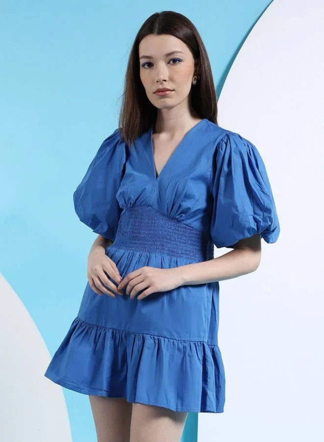 Freehand  Women Fit and Flared Solid V-Neck Short Sleeve A-line Dress for Women | Best Price UAE