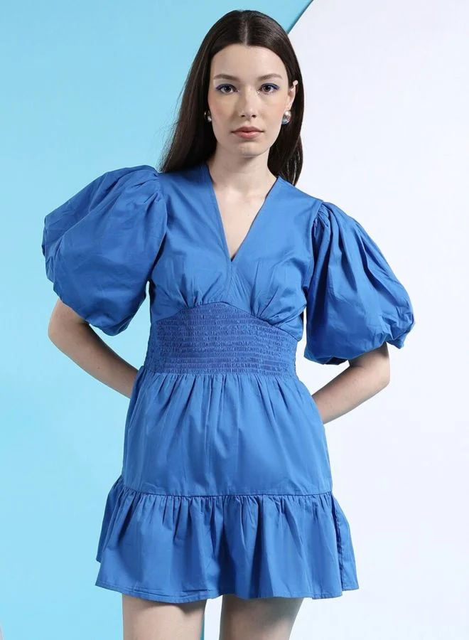 Women Fit and Flared Solid V-Neck Short Sleeve A-line Dress