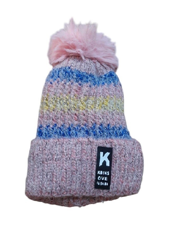 Generic Winter ice cap made of durable, high-quality wool yarn. It is lined on the inside in a way that makes you feel warm in a wonderful way (Dark pink-blue-yellow). 