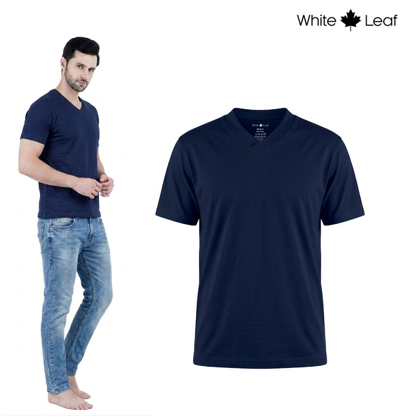 WHITE LEAF Men's V-Neck T-Shirt 1 Piece – 100% Combed Cotton Breathable Comfortable Casual Wear - Navy - Image 1