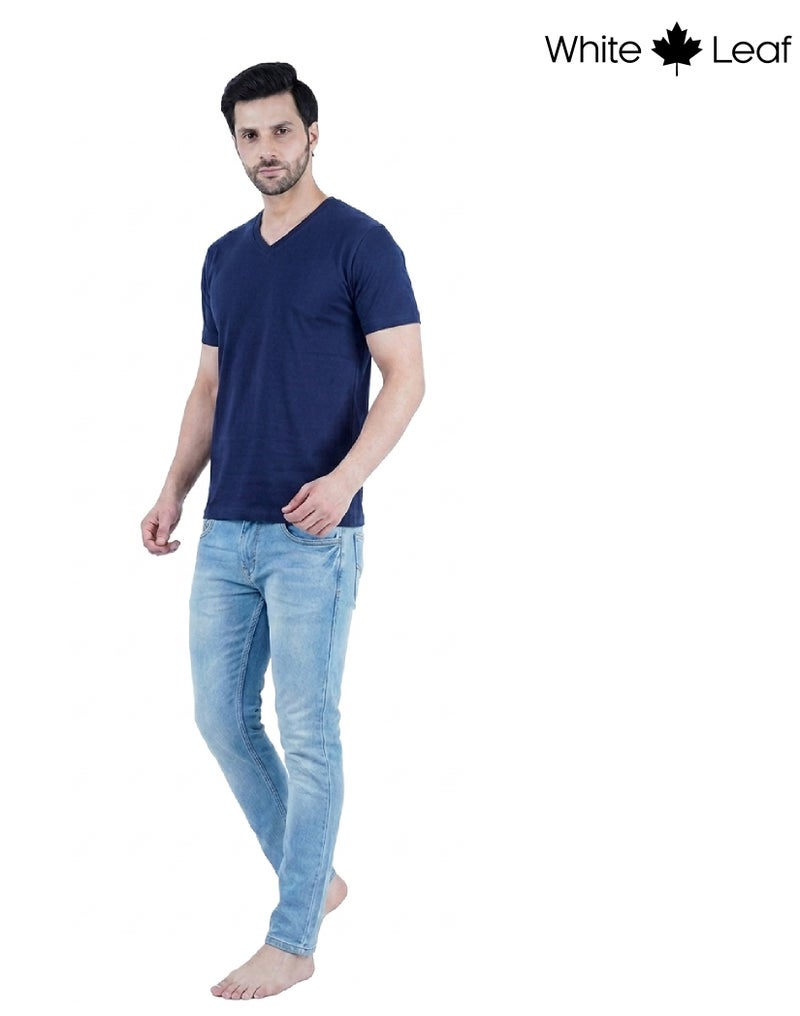WHITE LEAF Men's V-Neck T-Shirt 1 Piece – 100% Combed Cotton Breathable Comfortable Casual Wear - Navy - Image 3