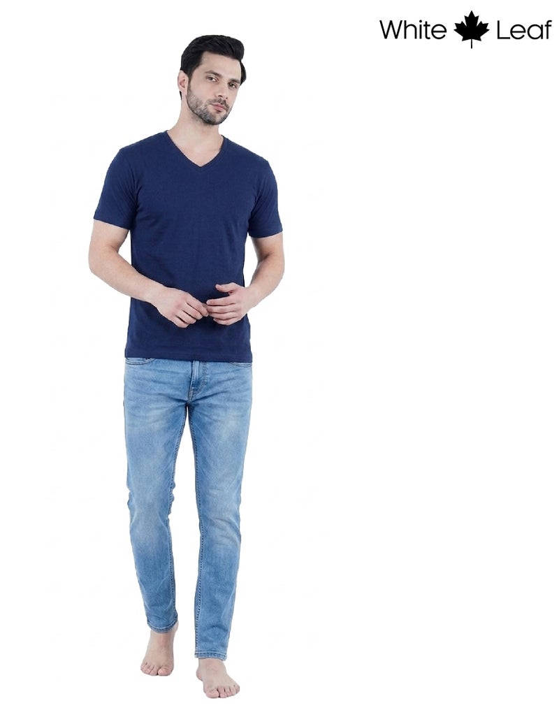WHITE LEAF Men's V-Neck T-Shirt 1 Piece – 100% Combed Cotton Breathable Comfortable Casual Wear - Navy - Image 4