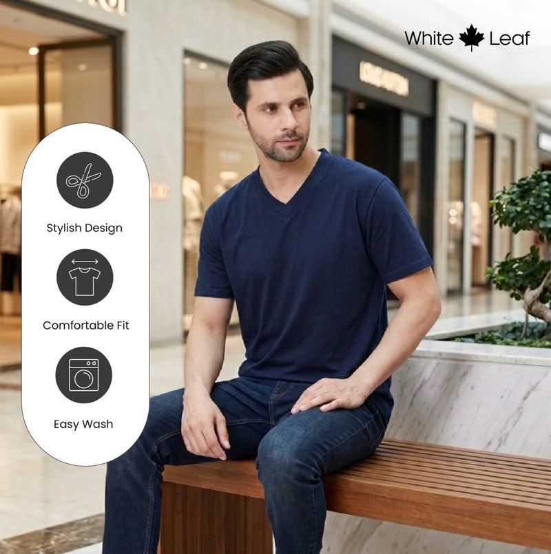 WHITE LEAF Men's V-Neck T-Shirt 1 Piece – 100% Combed Cotton Breathable Comfortable Casual Wear - Navy - Image 5