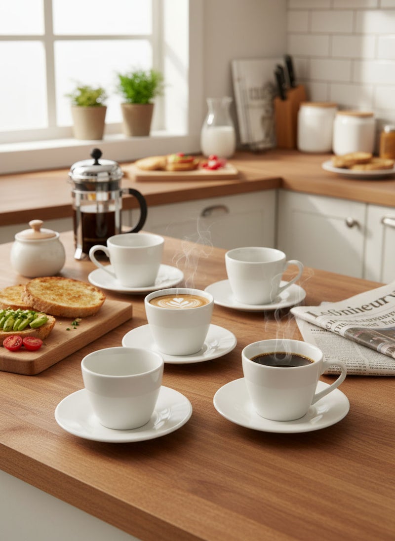 REEM 12-Piece Porcelain Coffee Cup & Saucer Set 100ML White, Set for 6 People - Image 2