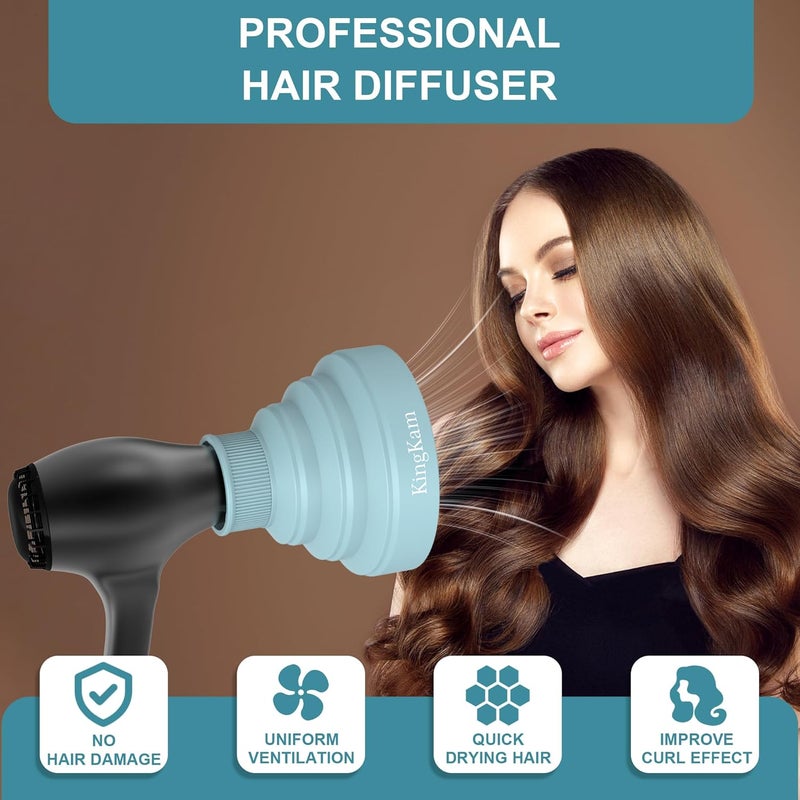 KingKam Collapsible Silicone Hair Dryer Diffuser - Travel and Easy Storage - Fit Most Hair Dryers with Nozzle Diameter D-1.575Inch to 1.968 Inch (4-5cm) - Blue - Image 2