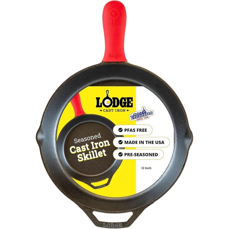 Lodge Cast Iron Skillet With Red Silicone Hot Handle Holder, 12-Inch - Image 1